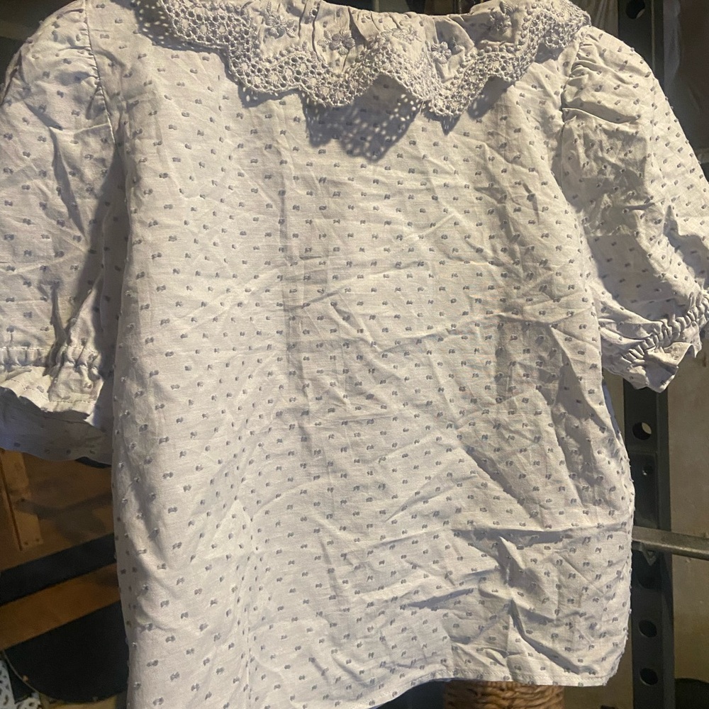 Dusty Blue Ruffle Collar Button Front Blouse Rylee & Cru - Picture 4 of 5